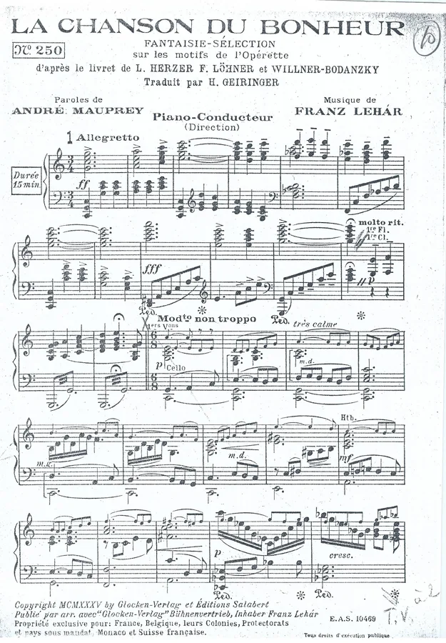 Cover for Franz Lehar | La Chanson du Bonheur | Piano | Salon Orchestra
