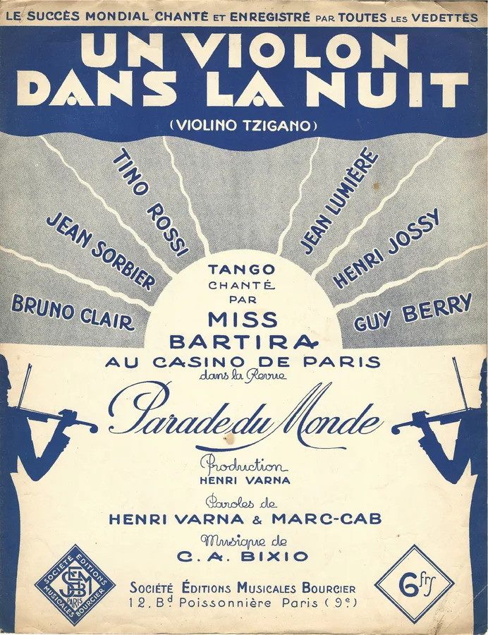 Cover for Tino Rossi | Jean Lumiere | Guy Berry | C.A. Bixio | Un violon dans la nuit | Piano and vocals