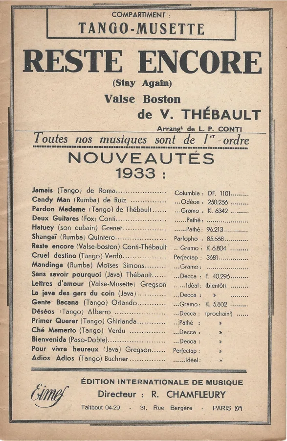 Cover for V. Thebault | L.P. Conti | Reste Encore | Piano