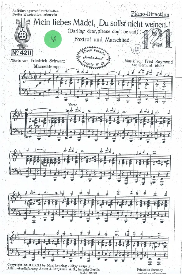 Cover for Fred Raymond | Mein liebes Madel, Du solst niecht weine | Piano| Small Orchestra