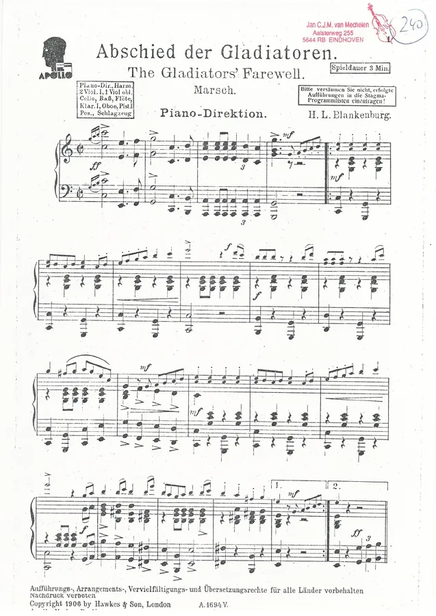 Cover for H.L. Blankenburg | Abschied der Gladiatoren | Orchestra