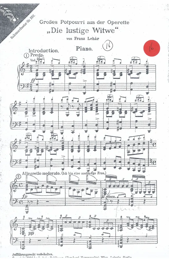 Cover for Franz Lehar | Die lustige Witwe | Piano partition for Salon Orchestra