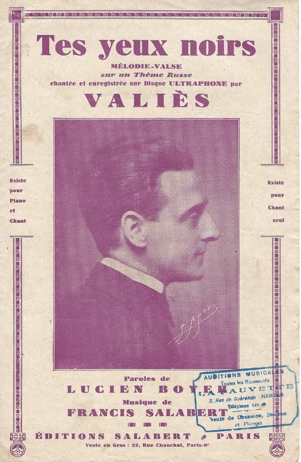 Cover for Valies | Lucien Boyer | Francis Salabert | Tes Yeux Noirs | Chanson