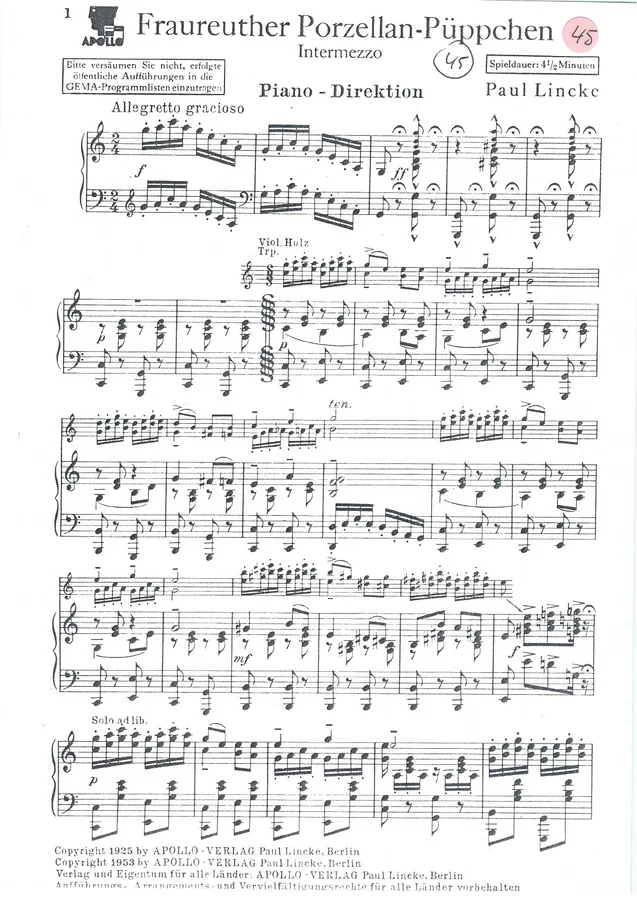 Cover for Paul Lincke | Fraureuther Porzellan Puppchen | Piano