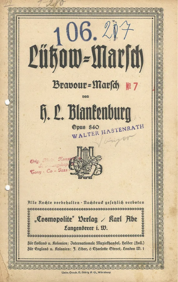 Cover for H.L. Blankenburg | Lutzow Marsch | Opus 840 | Orchestra