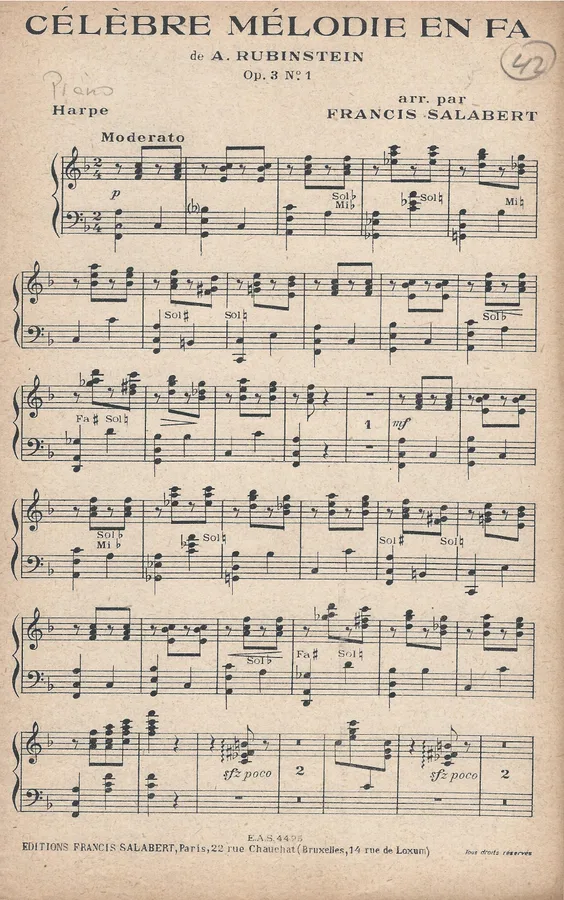 Cover for Anton Rubinstein | Celebre Melodie en Fa | Piano | Harpe