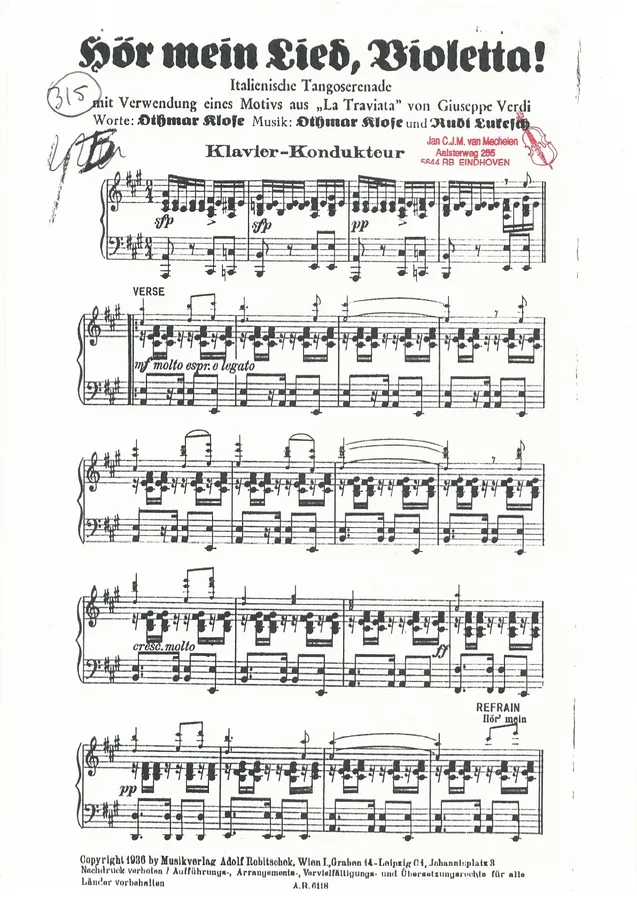 Cover for Dithmar Klose | Verdi | Hor mein Lied Violetta | Piano
