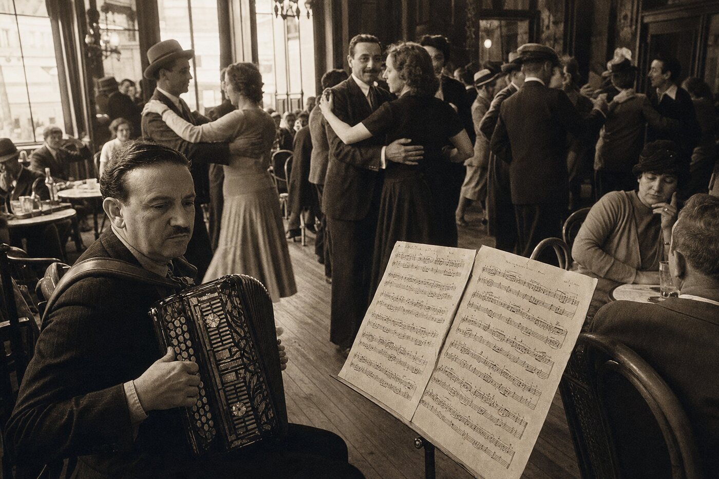 Couples dancing in a 1930s Paris bal-musette café while an accordionist plays beside old sheet music